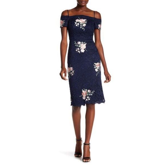 Nicole Miller Women's Strapless Laced Floral Off The Shoulder Midi Dress Navy 6 - Picture 15 of 16